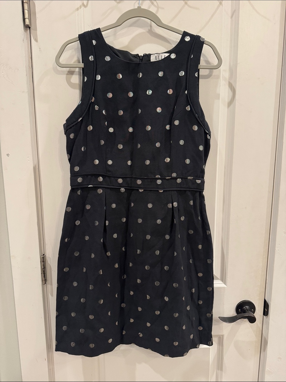 Elle black and silver metallic polka dot sleeveless mini sheath dress